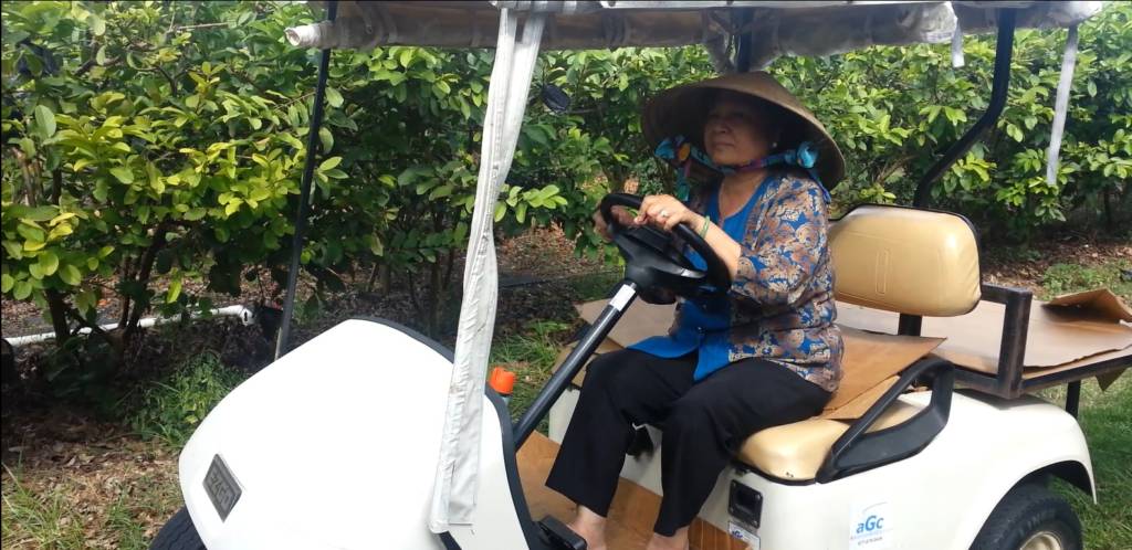 Bà Chín Nguyệt, chủ nhân vườn trái cây Chín Nguyệt ở Homestead, Miami-Texas. (Hình: Ngọc Lan/Người Việt)