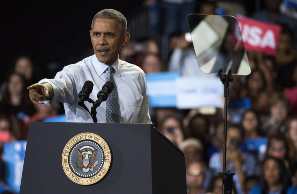 COLUMBUS, OH - NOVEMBER 01: President Barack Obama speaks during a campaign event for Hillary Clinton at Capital University on November 1, 2016 in Columbus, Ohio. President Obama was stressing to the crowd the importance to vote with the presidential race so close, between Clinton and Trump, only one week before election day. (Photo by Ty Wright/Getty Images)