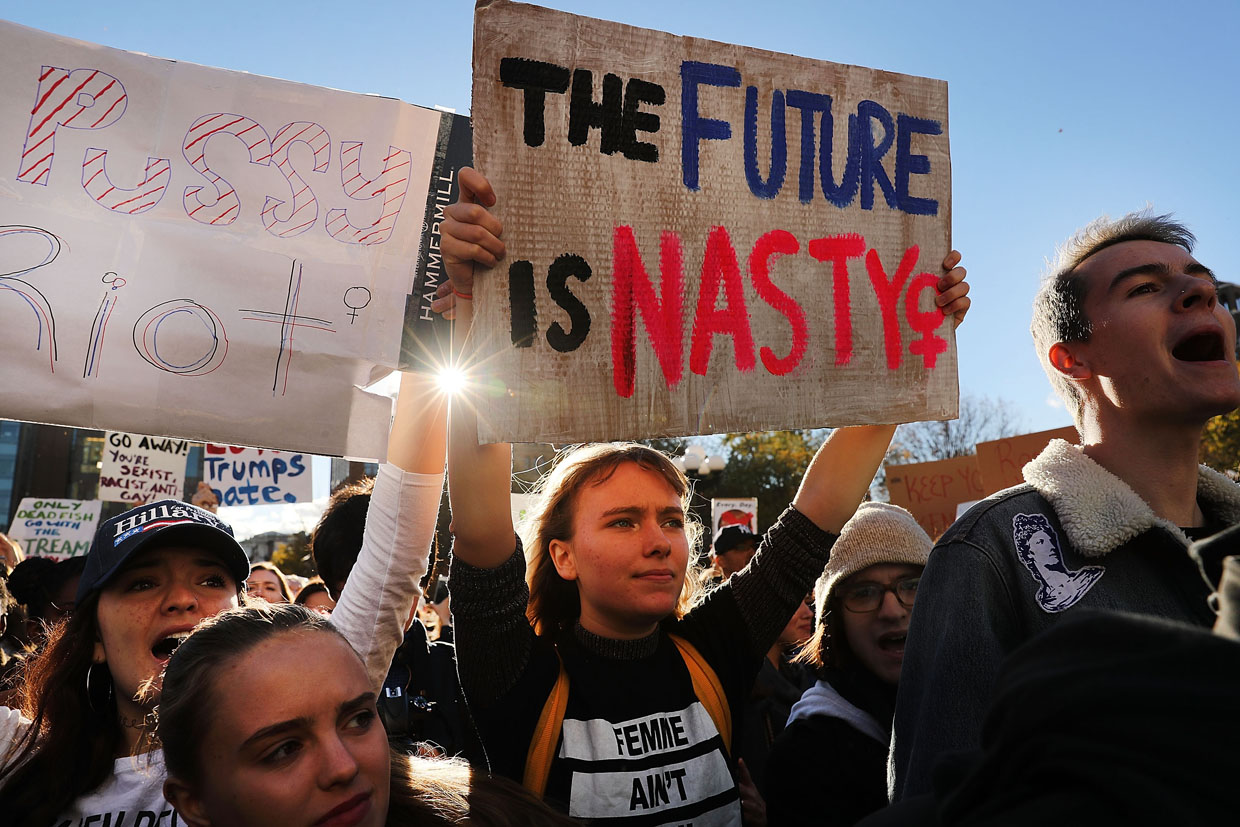 NEW YORK, NY - NOVEMBER 11: Hundreds of anti-Donald Trump protesters hold a demonstration in Washington Square Park as New Yorkers react to the election of Donald Trump as president of the United States on November 11, 2016 in New York City. The election of Trump as president has sparked protests in cities across the country. (Photo by Spencer Platt/Getty Images)