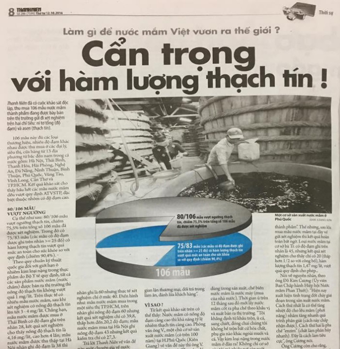 Trang báo Thanh Niên với bài viết “Cẩn trọng với hàm lượng thạch tín trong nước mắm.” (Hình: Người việt cắt từ báo Thanh Niên)