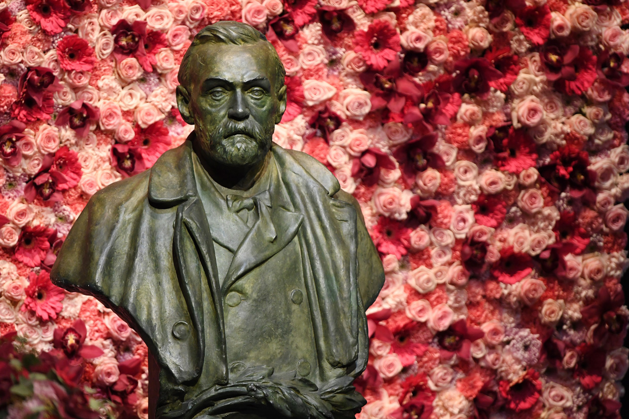 STOCKHOLM, SWEDEN - DECEMBER 10: Bust of Alfred Nobel in display during the Nobel Prize Awards Ceremony at Concert Hall on December 10, 2016 in Stockholm, Sweden. (Photo by Pascal Le Segretain/Getty Images)
