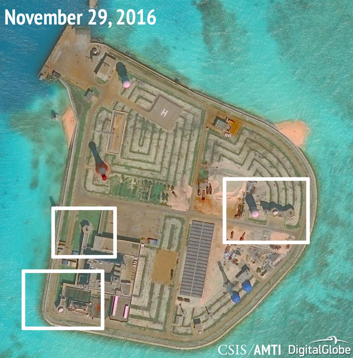 Hình chụp ngày 29 tháng 11, 2016 các vị trí phòng không trên đảo nhân tạo Gạc Ma - Johnson South Reef (Trung Quốc gọi là Chigua Jiao - Xích Qua Tiêu). (Hình: CSIS)