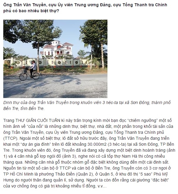 Một bài viết trên tờ Người Cao Tuổi năm 2014 về tài sản “khủng” đầy nghi vấn tham nhũng của ông cựu tổng thanh tra chính phủ Trần Văn Truyền khi nghỉ hưu. (Hình: Người Việt trích xuất từ Internet)