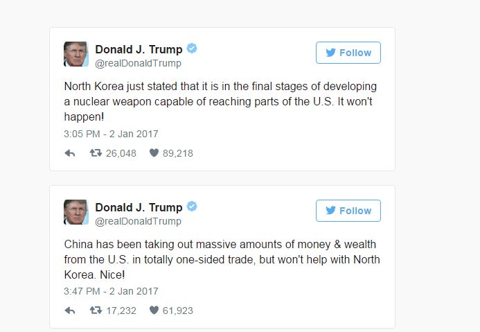 Trương mục Twitter của ông Donald Trump chỉ trích Trung Quốc và Bắc Hàn. (Hình: Twitter)
