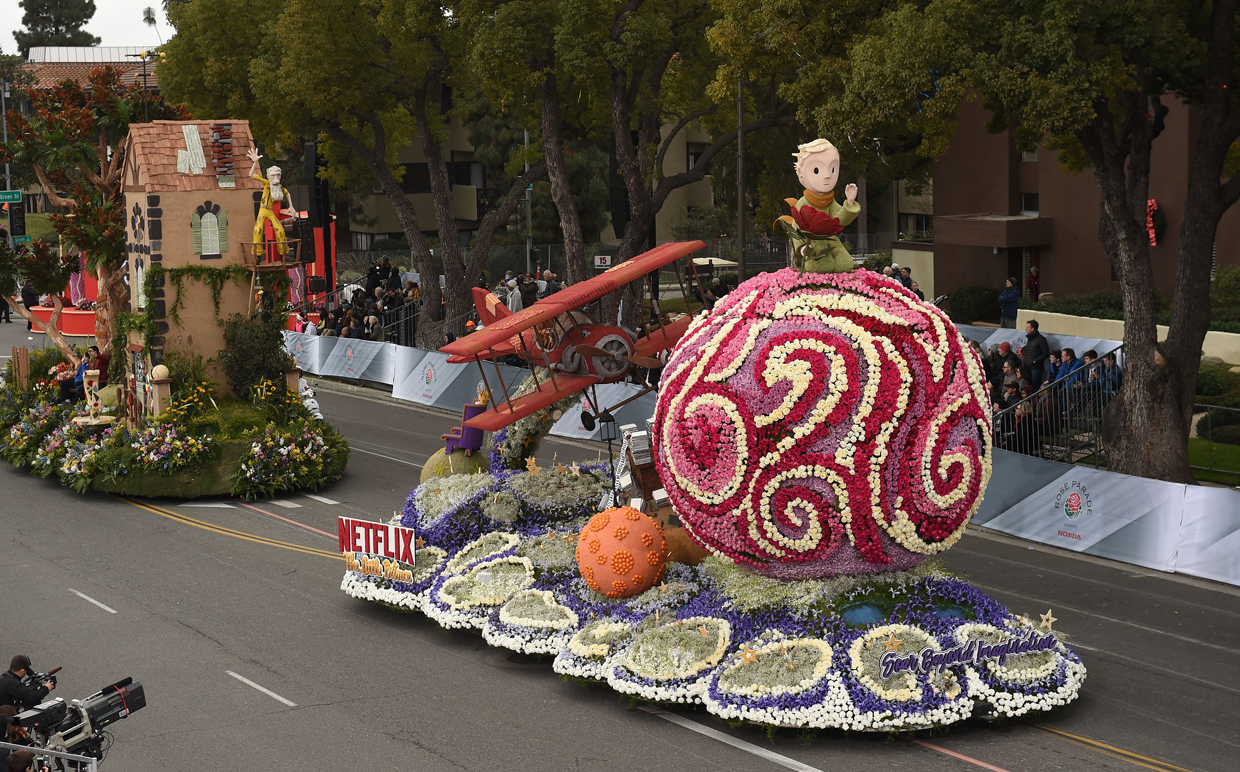 The Netflix float Soar Beyond Imagination portrays Antoine de Saint-Exupéry's The Little Prince, in the 128th Rose Parade in Pasadena, California, January 2, 2017 The Rose Parade, also known as the Tournament of Roses Parade, is part of "America's New Year Celebration" held in Pasadena, California each year on New Year's Day, or on January 2 if New Year's Day falls on a Sunday. The parade's Never on Sunday tradition dates to 1893, the first year since the start of the event that New Years Day fell on a Sunday. To avoid frightening horses that would be hitched outside churches on a Sunday the parade was moved to the next day, January 2. / AFP / Robyn Beck (Photo credit should read ROBYN BECK/AFP/Getty Images)