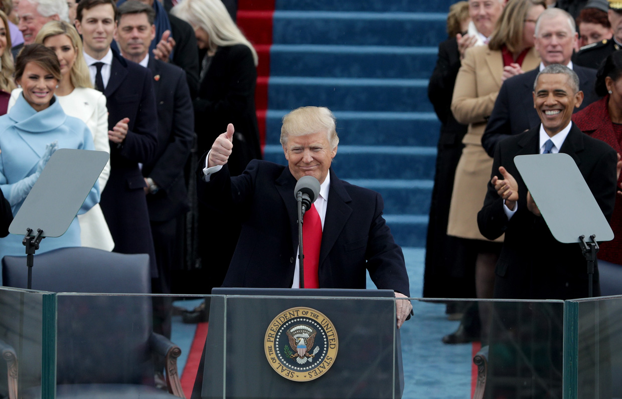 WASHINGTON, DC - JANUARY 20: President Donald Trump gives a thumbs up after his inauguration on the West Front of the U.S. Capitol on January 20, 2017 in Washington, DC. In today's inauguration ceremony Donald J. Trump becomes the 45th president of the United States. (Photo by Alex Wong/Getty Images)