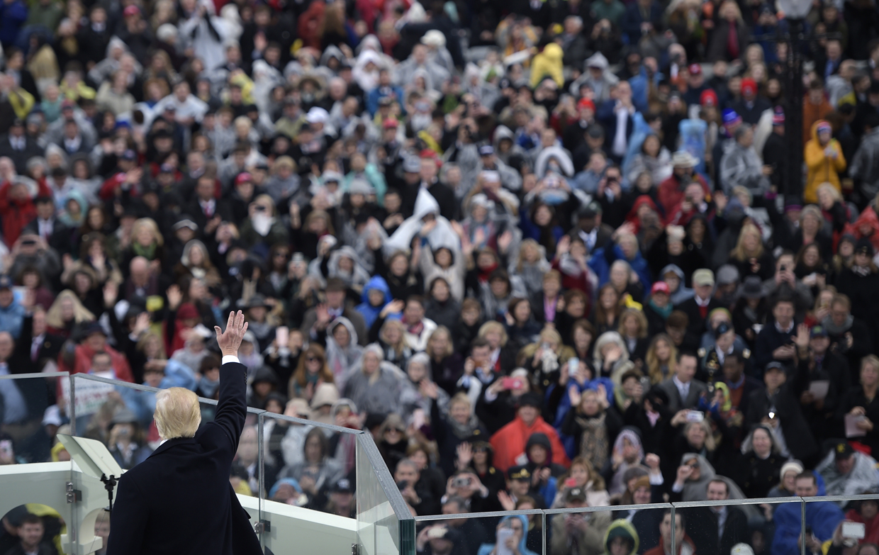 TOPSHOT - US President Donald Trump gives his first speech after being sworn-in as the 45th US president in front of the Capitol in Washington on January 20, 2017. / AFP / Brendan SMIALOWSKI (Photo credit should read BRENDAN SMIALOWSKI/AFP/Getty Images)