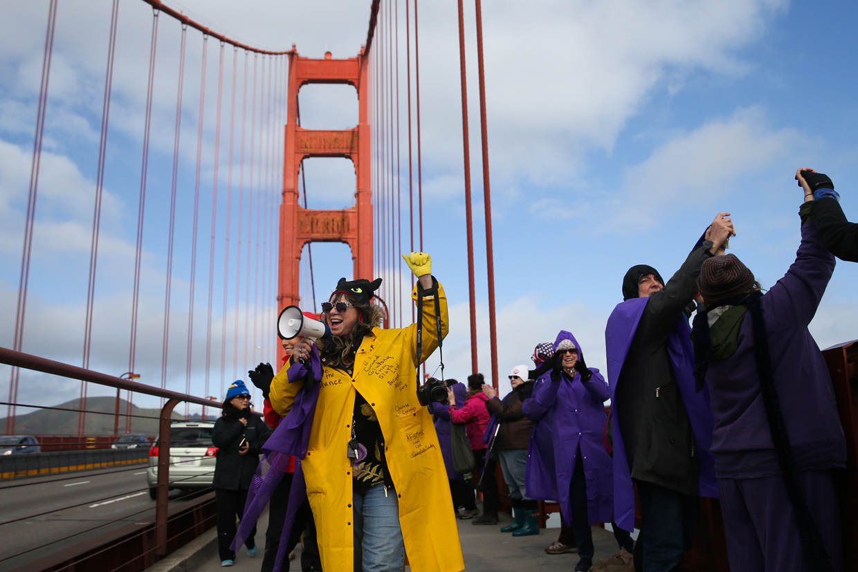 SAN FRANCISCO, CA - JANUARY 20: Demonstrators link hands across the Golden Gate Bridge on January 20, 2017 in San Francisco, California. Organizers described the event as a community-based demonstration and performance art piece intended to be a "shining beacon of inclusiveness and democracy." (Photo by Elijah Nouvelage/Getty Images)