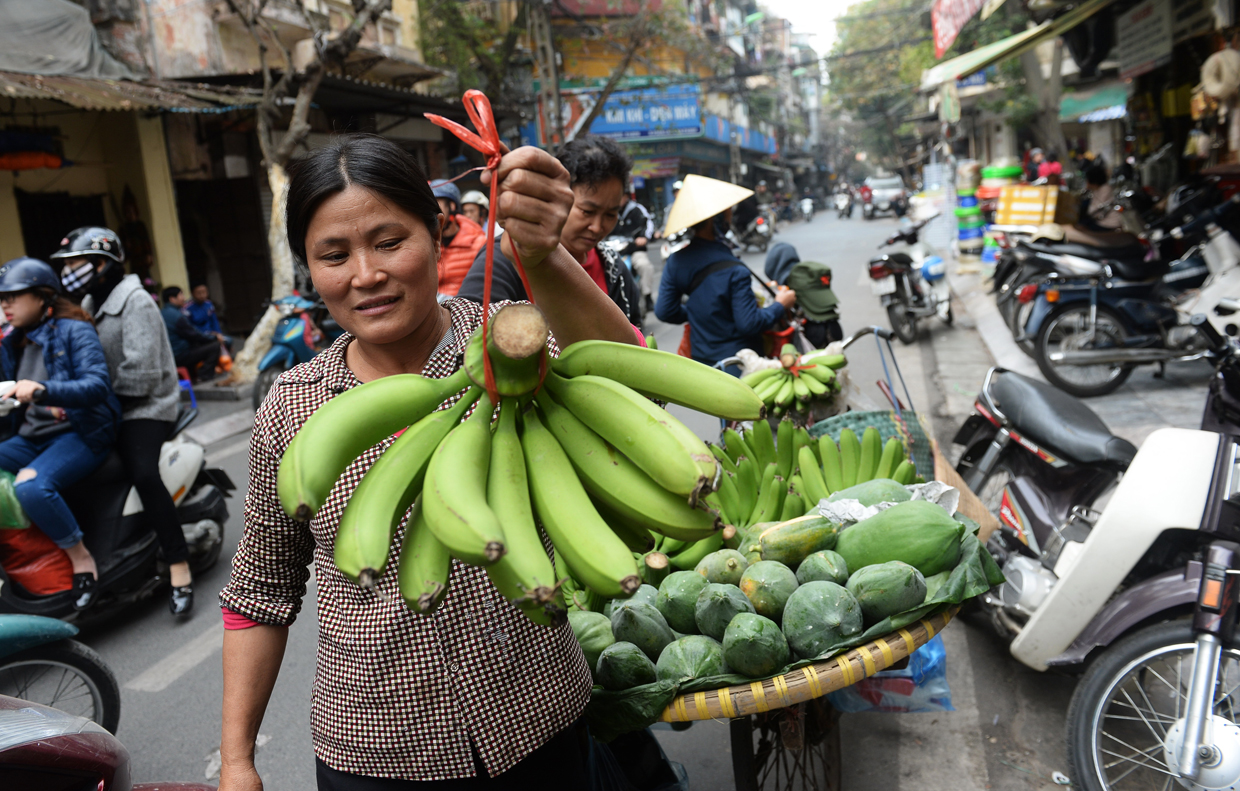 A street vendor sells green bananas and papaya which people put on the family altar for the Lunar New Year, or Tet, in downtown Hanoi on January 23, 2017, as Vietnamese prepare to celebrate the holiday later this week. Known locally as Tet, the celebration of the Lunar New Year is Vietnam's most important holiday and triggers a surge in consumption and travel ahead of an extended nationwide shutdown. / AFP / HOANG DINH NAM (Photo credit should read HOANG DINH NAM/AFP/Getty Images)