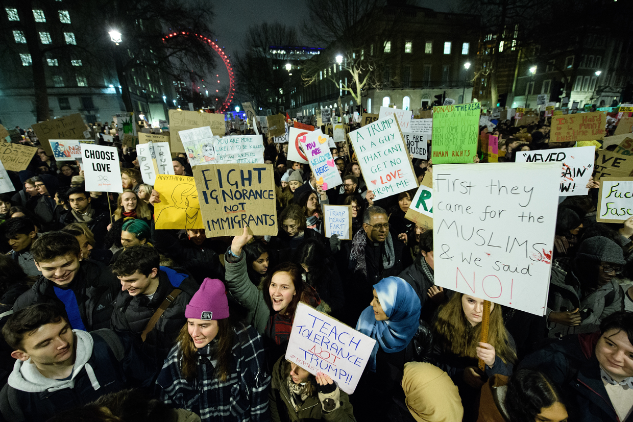 LONDON, ENGLAND - JANUARY 30: Protestors gather in their thousands outside Downing Street on January 30, 2017 in London, England. President Trump signed an executive order on Friday banning immigration to the USA from seven Muslim countries. This led to protests across America and, today, in the UK., a British petition asking for the downgrading of Trump's State visit passed one million signatures this morning. (Photo by Leon Neal/Getty Images)