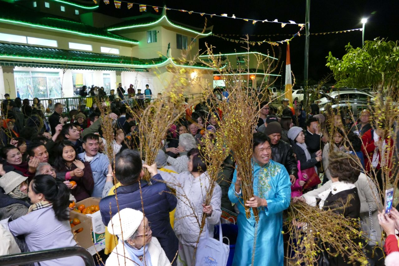 Đông đảo Phật Tử hái lộc tại chùa Dược Sư, Garden Grove, ngay sau phút Giao Thừa. 