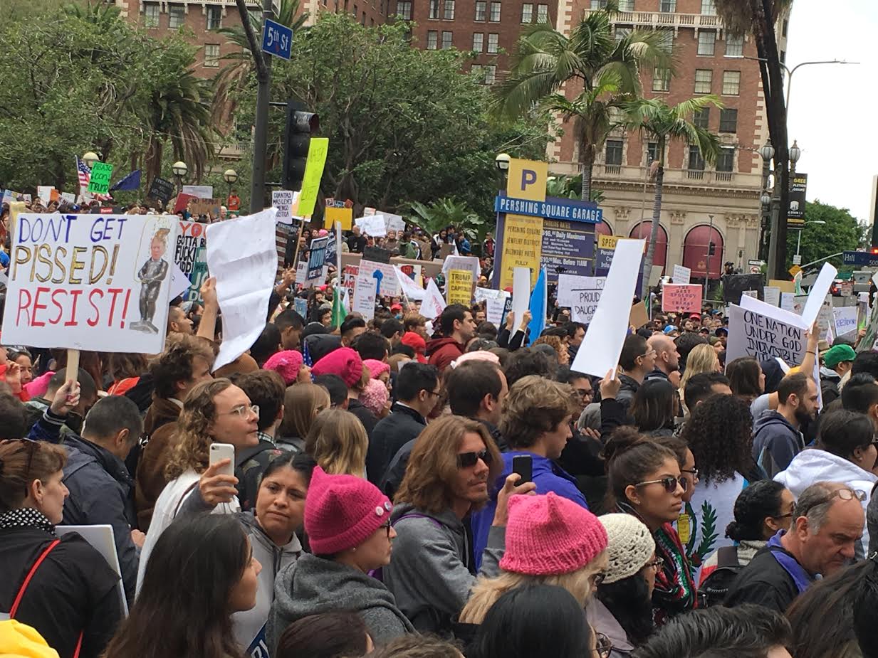 The pro-immigration crowd marches at Pershing Square in Los Angeles