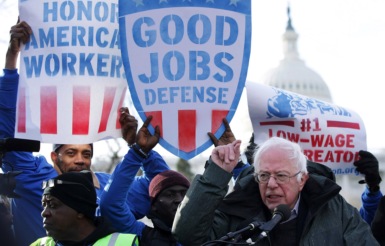 WASHINGTON, DC - FEBRUARY 16: U.S. Sen. Bernie Sanders (ID-VT) speaks during a rally "to fight-back against the Republican war on the working class" February 16, 2017 at Upper Senate Park on Capitol Hill in Washington, DC. Activists held a rally to celebrate Andrew Puzder's decision to withdraw from consideration to be secretary of labor and Òto hold [President] Trump accountable to the working class." (Photo by Alex Wong/Getty Images)