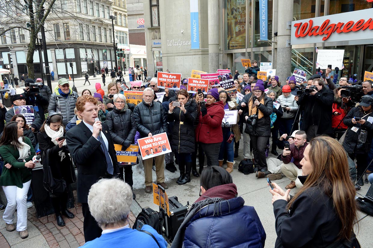 BOSTON, MA - FEBRUARY 21: U.S. Representative Joe Kennedy III (D-MA) joins protestors at a rally against the policies of the Trump administration at the Boston Irish Famine Memorial on February 21, 2017 in Boston, Massachusetts. The protest, called "We Will Persist," was put on by Massachusetts workers, immigrants, and community activists. (Photo by Darren McCollester/Getty Images)