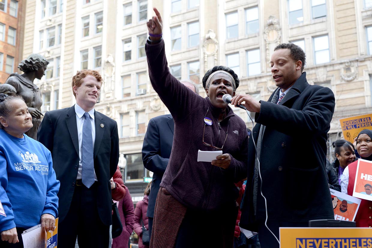 BOSTON, MA - FEBRUARY 21: Julie Gonzalez speaks at a rally against the Trump administration as U.S. Representative Joe Kennedy III (D-MA) looks on at the Boston Irish Famine Memorial February 21, 2017 in Boston, Massachusetts. The protest, called "We Will Persist," was put on by Massachusetts workers, immigrants, and community activists. (Photo by Darren McCollester/Getty Images)