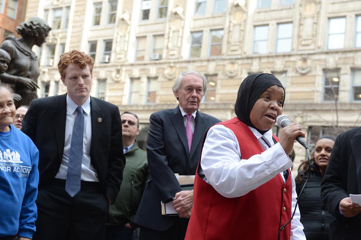 BOSTON, MA - FEBRUARY 21: Sadia Mohamed from Sudan speaks at a rally against the Trump administration as U.S. Representative Joe Kennedy III (D-MA) and U.S. Senator Edward Markey (D-MA) (R) at the Boston Irish Famine Memorial on February 21, 2017 in Boston, Massachusetts. The protest, called "We Will Persist," was put on by Massachusetts workers, immigrants, and community activists. (Photo by Darren McCollester/Getty Images)