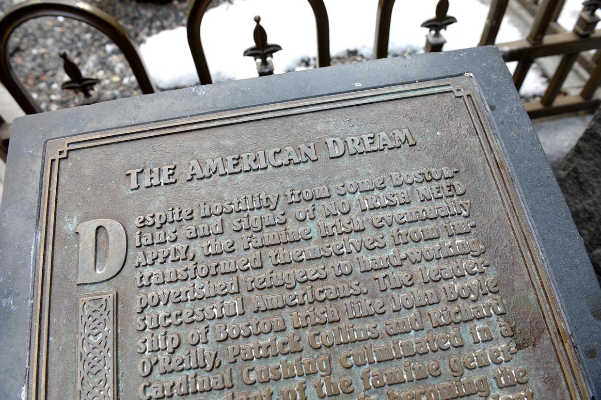 BOSTON, MA - FEBRUARY 21: A plaque is seen at the site of the Boston Irish Famine Memorial during a rally against the Trump administration February 21, 2017 in Boston, Massachusetts. The protest, called "We Will Persist," was put on by Massachusetts workers, immigrants, and community activists. (Photo by Darren McCollester/Getty Images)