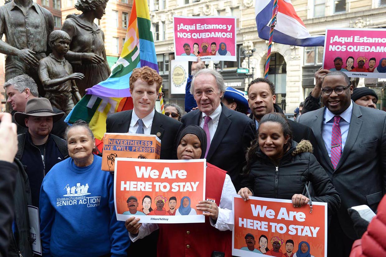 BOSTON, MA - FEBRUARY 21: U.S. Representative Joe Kennedy III (D-MA) and U.S. Senator Edward Markey (D-MA) (R) joined protestors at a rally against the Trump administration policies at the Boston Irish Famine Memorial on February 21, 2017 in Boston, Massachusetts. The protest, called "We Will Persist," was put on by Massachusetts workers, immigrants, and community activists. (Photo by Darren McCollester/Getty Images)