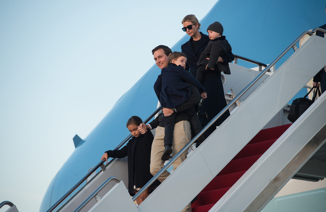 Senior White House adviser Jared Kushner and his wife Ivanka Trump step off Air Force One with their children Arabella (L), Joseph (C) and Theodore at Andrews Air Force Base in Maryland, on March 5, 2017. / AFP PHOTO / NICHOLAS KAMM (Photo credit should read NICHOLAS KAMM/AFP/Getty Images)