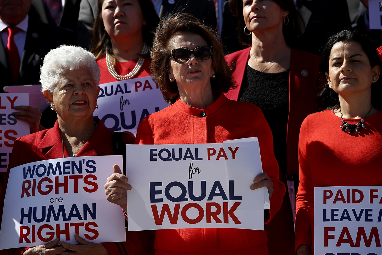 WASHINGTON, DC - MARCH 08: House Minority Leader Nancy Pelosi (C) (D-CA) joins with women members of the House Democratic caucus at a press conference marking International WomenÕs Day and ÒA Day Without a WomanÓ March 8, 2017 at the U.S. Capitol in Washington, DC. During remarks, Pelosi urged continued efforts to strengthen womenÕs rights across the country. (Photo by Win McNamee/Getty Images)