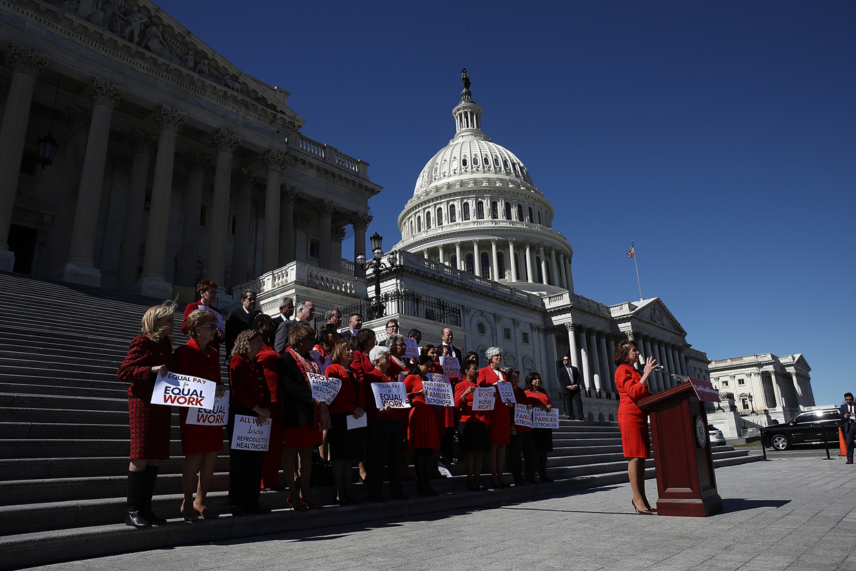 WASHINGTON, DC - MARCH 08: House Minority Leader Nancy Pelosi (D-CA) delivers remarks at a news conference marking International Women's Day and A Day Without a Woman March 8, 2017 at the U.S. Capitol in Washington, DC. During her remarks, Pelosi urged continued efforts to strengthen womenÕs rights across the country. (Photo by Win McNamee/Getty Images)