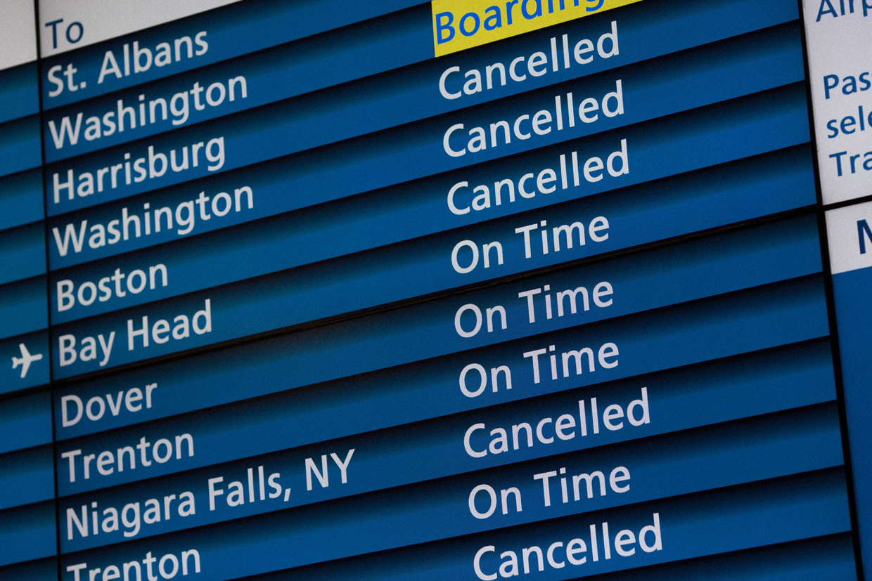 NEW YORK, NY - MARCH 14: A sign board at Penn Station announces train cancellations during a day of heavy snow and freezing rain on March 14, 2017 in New York City. Amtrak cancelled many trains as a result of the inclement weather. (Photo by Kevin Hagen/Getty Images)