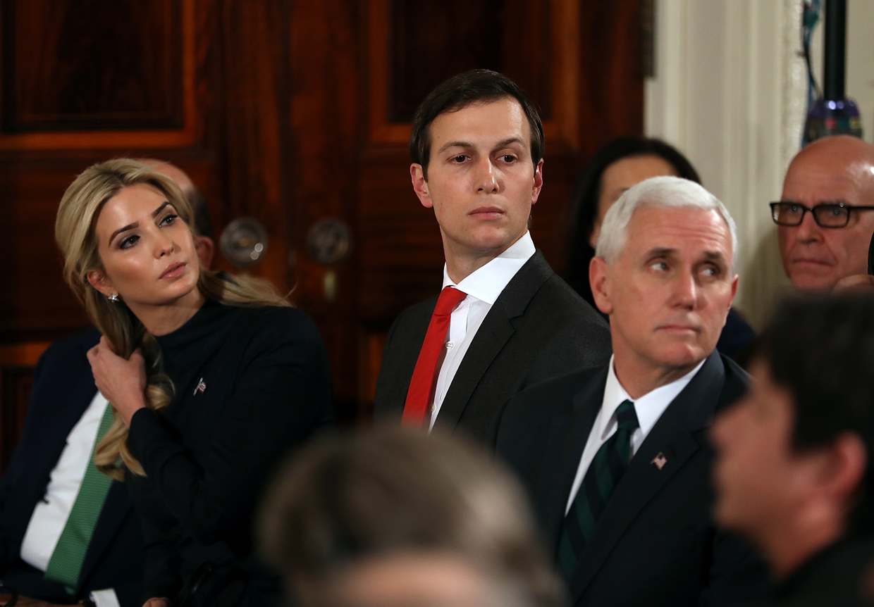 WASHINGTON, DC - MARCH 17: (L-R) Ivanka Trump, Jared Kushner and U.S. Vice President Mike Pence look on during a joint press conference with U.S. President Donald Trump and German Chancellor Angela Merkel in the East Room of the White House on March 17, 2017 in Washington, DC. The two leaders discussed strengthening NATO, fighting the Islamic State group, the ongoing conflict in Ukraine and held a roundtable discussion with German business leaders during their first face-to-face meeting. (Photo by Justin Sullivan/Getty Images)