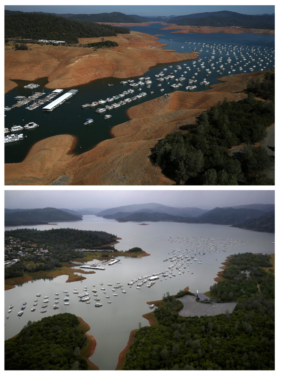 OROVILLE, CA - AUGUST 19, 2014: In this before-and-after composite image, (TOP PHOTO) Low water levels are visible in the Bidwell Marina at Lake Oroville on August 19, 2014 in Oroville, California. As the severe drought in California continues for a third straight year, water levels in the State's lakes and reservoirs is reaching historic lows. Lake Oroville is currently at 32 percent of its total 3,537,577 acre feet. (Photo by Justin Sullivan/Getty Images) OROVILLE, CA - APRIL 11, 2017: (BOTTOM PHOTO) A view of Bidwell Marina at Lake Oroville on April 11, 2017 in Oroville, California. After record rainfall and snow in the mountains, much of California's landscape has turned from brown to green and reservoirs across the state are near capacity. California Gov. Jerry Brown signed an executive order Friday to lift the State's drought emergency in all but four counties. The drought emergency had been in place since 2014. (Photo by Justin Sullivan/Getty Images)