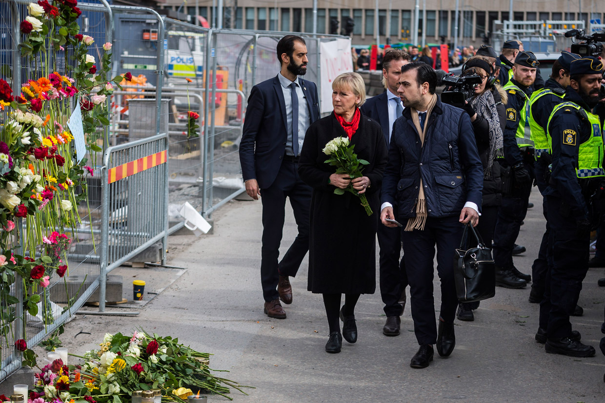 STOCKHOLM, SWEDEN - APRIL 08: Swedish foreign minister Margot Wallstrom vists the scene of a terrorist attack where a truck crashed after driving down a pedestrian street in downtown Stockholm on April 8, 2017 in Stockholm, Sweden. A suspect has been detained following the attack which killed four people and injured another 15 when the hijacked truck crashed into the front of Ahlens department store. (Photo by Michael Campanella/Getty Images)