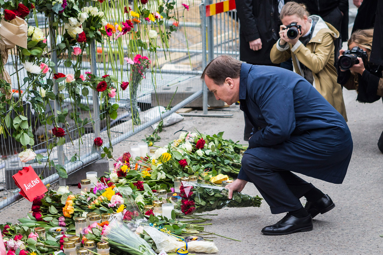 STOCKHOLM, SWEDEN - APRIL 08: Sweden's Prime Minister Stefan Lofven visits the scene of a terrorist attack where a truck crashed after driving down a pedestrian street in downtown Stockholm on April 8, 2017 in Stockholm, Sweden. A suspect has been detained following the attack which killed four people and injured another 15 when the hijacked truck crashed into the front of Ahlens department store. (Photo by Michael Campanella/Getty Images)