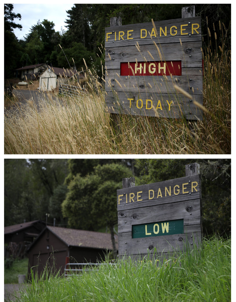 LAGUNITAS, CA - JULY 15, 2014: In this before-and-after composite image, (TOP PHOTO) Dry grasses partially cover a fire danger sign that is posted in Samuel P. Taylor state park on July 15, 2014 in Lagunitas, California. As the severe drought in California contiues to worsen, the State's landscape and many resident's lawns are turning brown due to lack of rain and the discontinuation of watering. (Photo by Justin Sullivan/Getty Images) LAGUNITAS, CA - APRIL 10, 2017: (BOTTOM PHOTO) Grasses partially cover a fire danger sign that is posted in Samuel P. Taylor state park on April 10, 2017 in Lagunitas, California. After record rainfall and snow in the mountains, much of California's landscape has turned from brown to green and reservoirs across the state are near capacity. California Gov. Jerry Brown signed an executive order Friday to lift the State's drought emergency in all but four counties. The drought emergency had been in place since 2014. (Photo by Justin Sullivan/Getty Images)