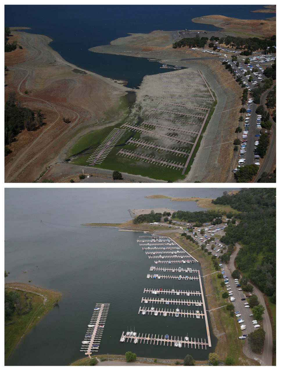 EL DORADO HILLS, CA - MARCH 20, 2014: In this before-and-after composite image, (TOP PHOTO) Empty boat docks at the Folsom Lake Marina sit on the dry lakebed of Folsom Lake on March 20, 2014 in El Dorado Hills, California. Now in its third straight year of drought conditions, California is experiencing its driest year on record, dating back 119 years, and reservoirs throughout the state have low water levels. Folsom Lake, a reservoir located northeast of Sacramento, has seen its capacity dwindle over the past 2-1/2 years of drought with current levels at around 20% of normal. (Photo by Justin Sullivan/Getty Images) EL DORADO HILLS, CA - APRIL 11, 2017: (BOTTOM PHOTO) Boats sit docked at the Folsom Lake Marina on April 11, 2017 in El Dorado Hills, California. After record rainfall and snow in the mountains, much of California's landscape has turned from brown to green and reservoirs across the state are near capacity. California Gov. Jerry Brown signed an executive order Friday to lift the State's drought emergency in all but four counties. The drought emergency had been in place since 2014. (Photo by Justin Sullivan/Getty Images)