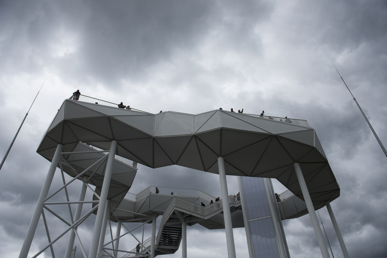 Visitors enjoy the view on top of Wolkenhain during the International Garden Exhibition (IGA) 2017 at the Gaerten der Welt in Berlin on April 13, 2017. / AFP PHOTO / STEFFI LOOS (Photo credit should read STEFFI LOOS/AFP/Getty Images)