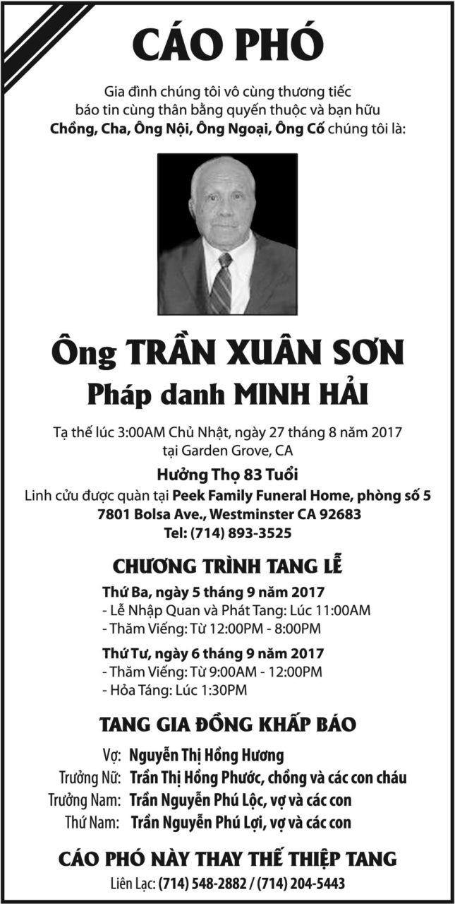 Cáo phó Ông Trần Xuân Sơn