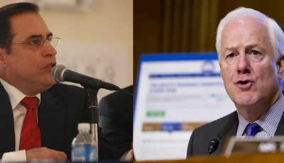 Dr. David Alameel at an April 9, 2012, candidate forum in Dallas. (Eve Edelheit/staff) and Sen. John Cornyn at a Nov. 6 hearing on the Affordable Care Act. (AP/J. Scott Applewhite)