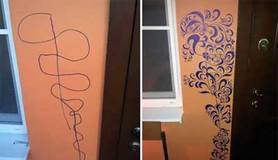 Kid scribbles on wall, creative mom fixes it